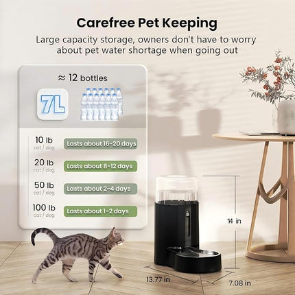 CZPET Dog Water Bowl Dispenser, 7L Automatic Dog and Cat Water Dispenser with Stainless Steel Bowl, Gravity Waterer, Large Capacity, and Quiet Drinking Area for Pets (7L,Black)