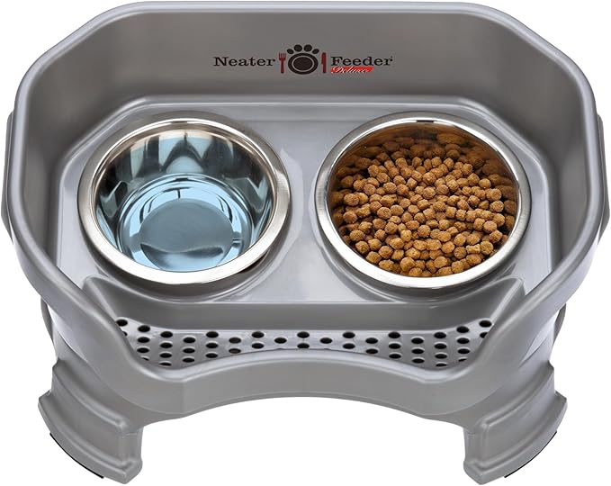 Neater Feeder Deluxe Mess Proof Dog Bowls Elevated for Small Breeds – Made in USA – No Spill Raised Dog Food Bowl Stand w/Leg Extensions – Stainless Steel Dog Food and Water Bowl Set – Grey