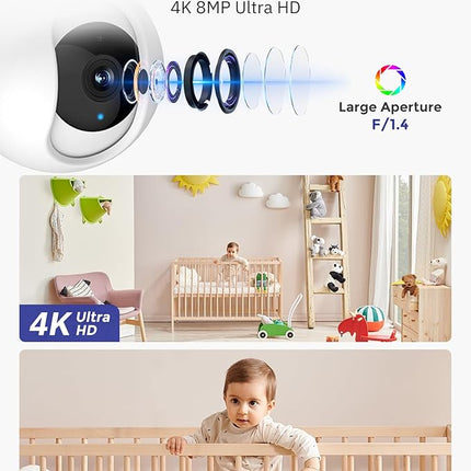 Hugolog 4K 8MP Indoor Pan/Tilt Security Camera with Auto-Focus,Ideal for Baby Monitor/Pet Camera/Home Security,Starlight Color Night Vision,Human/Pet AI,Noise Reduction,US Cloud,Works with Alexa