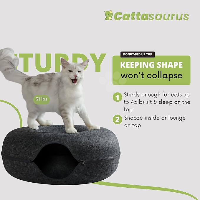 Cattasaurus Peekaboo Cat Cave, Extra Spacious for Multiple & Large Cats 12+ lbs, Scratch Detachable Beds for Indoor Cats, Washable Tunnel Bed, Comfy Cat Donut Tunnel (Dark Gray+Dark Gray, Jumbo)