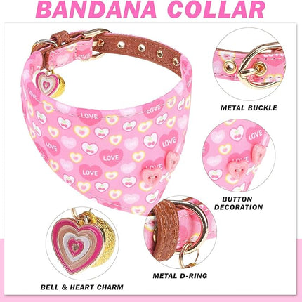 EXPAWLORER Valentine's Day Dog Collar and Leash Set - Pink Heart Dog Bow Tie and Dog Bandana Collar with Bell, Dog Leash Tangle Free, Adjustable Collars for Small Dogs Cats, Holiday Ideal Gift, S