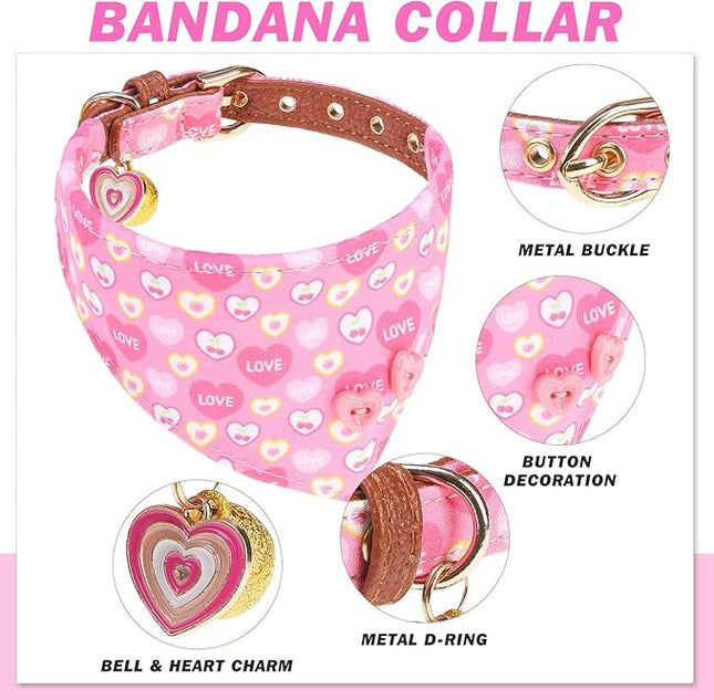 EXPAWLORER Valentine's Day Dog Collar and Leash Set - Pink Heart Dog Bow Tie and Dog Bandana Collar with Bell, Dog Leash Tangle Free, Adjustable Collars for Small Dogs Cats, Holiday Ideal Gift, S