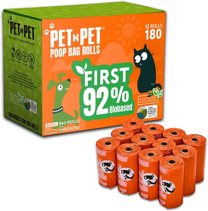 Pet N Pet 180 Counts Dog Poop Bags Rolls, 92% Plant Based Poop Bags for Dogs, Leak Proof Thick Doggie Poo Bag, Unscented Cat & Dog Waste Bag
