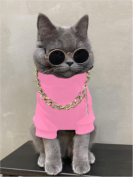 QWINEE 3Pcs Dog Hoodie Cat Apparel Dog Custume Set with Necklace and Sunglasses Pet Clothes for Puppy Small Medium Dogs Cats Light Pink X-Small