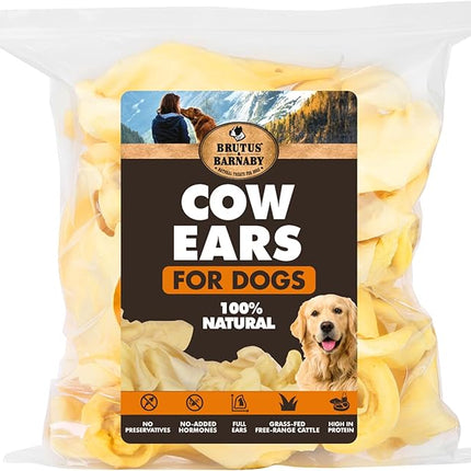BRUTUS & BARNABY Cow Ears for Dogs – Whole Ears 100 ct, Thick Cut, Grass-Fed Angus Beef, All-Natural No-Rawhide Dog Treat Alternative