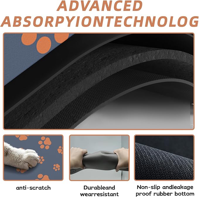 12"×20" Dog Food Mat-Absorbent Mat for Food and Water No Stains Quick Dry Cat Bowl Mat Non Skid Dog Feeding Mat with Footprints for Messy Drinkers Blue