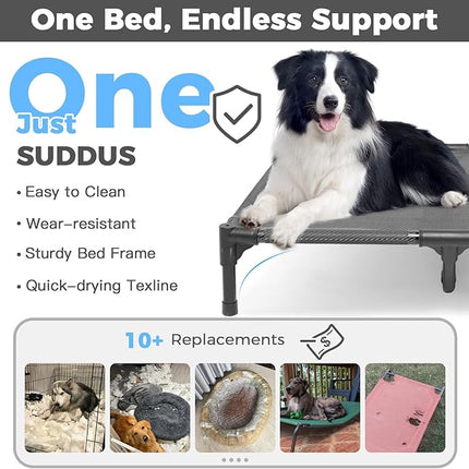 Suddus Elevated Dog Bed for Large Dogs 140lb, Breathable Cooling Raised Dog Cot with Dual Support Bars & Metal Frame, No-Slip Feet, Waterproof Pet Bed for Indoor/Outdoor, X-Large, 48 * 36 * 9in, Grey