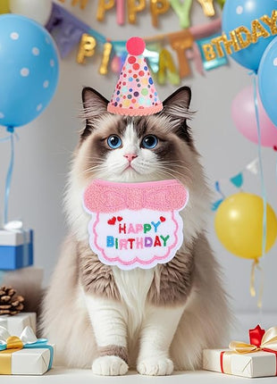Cat Birthday Party Supplies Adjustable Pink Cat Birthday Hat with Number and Kitten Bandana Outfits Set for Girl Cats Party Decorations for 0-9 Years Cats