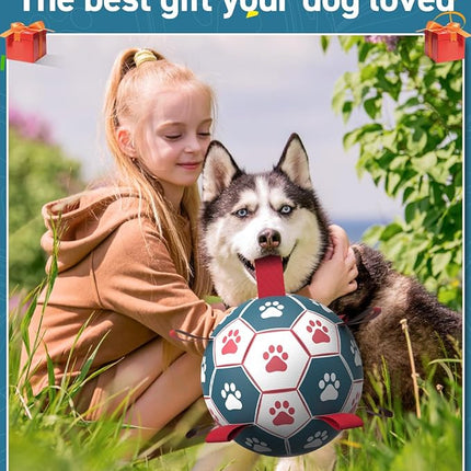 QDAN Dog Toys Soccer Ball with Straps, Durable Giant Dog Balls, Outdoor Dogs Toys, Herding Ball, Birthday Gifts (10 Inch)