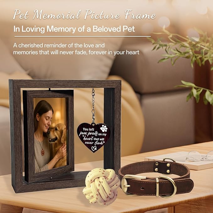 Dog Memorial Gifts for Loss of Dog, Pet Memorial Gifts for Dogs Cats - Rotating Wooden Picture Frame for 4x6 Photos, Pet Loss Remembrance Bereavement Keepsake