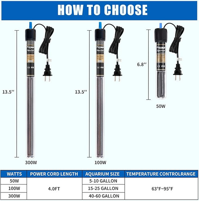 FREESEA 300 Watt Aquarium Fish Tank Heater with Aquarium Submersible Thermometer