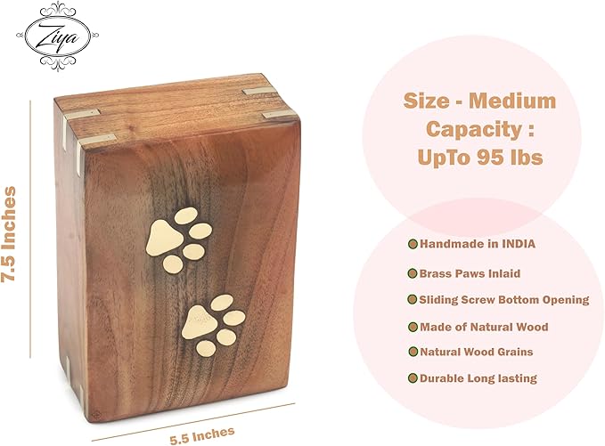 ZIYA Wooden Meduim Cremation Pet Urn for Dog and Cat Ashes Box | Handmade Wood Memorial Pet Urn | Brass Paws Inlaid | Pet Memorial | Funeral Urns Box for Pet Ashes | up to 95 Pounds