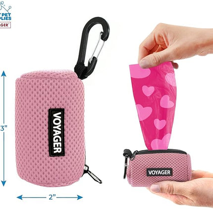 Best Pet Supplies Dog Poop Bag Holder Leash Attachment with 15 Bags, Pink, Reusable Mesh Dispenser Pouch for Travel, Walking, Park, and Outdoor Use, Soft and Durable with Clip-On