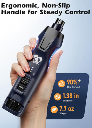 Casfuy 6-Speed Dog Nail Grinder – 50%+ Boost Power Dog Nail Trimmers Quiet with Dust Cap & 2 LED Lights & 2000mAh Battery & 4.8V Motor Electric Pet Toenail File Tool for Large Medium Small Dogs Cats