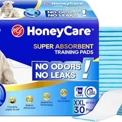 HONEY CARE All-Absorb, XXL 30"x36", 30 Count, Dog and Puppy Training Pads, Ultra Absorbent and Odor Eliminating, Leak-Proof 5-Layer Potty Training Pads with Quick-Dry Surface, Blue, A39