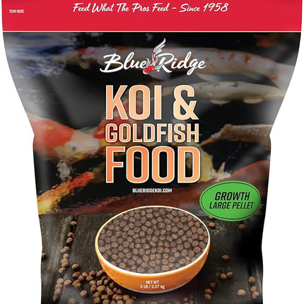 Blue Ridge Koi Fish Food 5lb - Koi Food Large 3/16" Growth Formula, Goldfish Food, Premium Fish Food for Ponds, Ponds Fish Food, Floating Pond Pellets