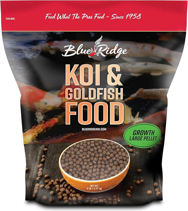 Blue Ridge Koi Fish Food 5lb - Koi Food Large 3/16" Growth Formula, Goldfish Food, Premium Fish Food for Ponds, Ponds Fish Food, Floating Pond Pellets