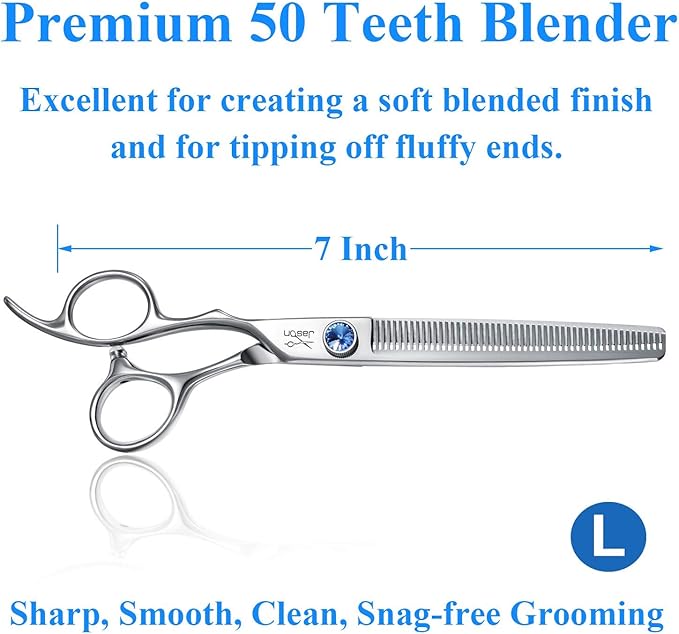 JASON Left Handed 7" Dog Grooming Scissors Set, 3 in 1 Ergonomic Blending, Curved, Straight Cat Pet Hair Trimming Thinning Professional Kits with Offset Handle and a Jeweled Screw
