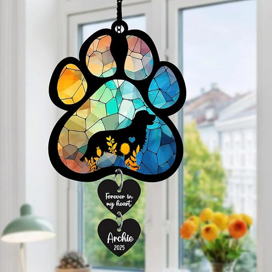 LOVELYPOD Personalized Dog Memorial Suncatcher, Custom Pet Memorial Gifts for Loss of Dog, SunCatcher Gift for Someone Who Lost A Pet, Stained Glass Acrylic Sympathy, Hanging Garden Decor with Paw