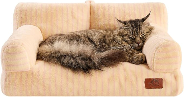 Hollypet Fluffy Plush Pet Cat Couch Soft Calming Pet Sofa Beds for Medium Small Cats and Dogs, Pink Stripes