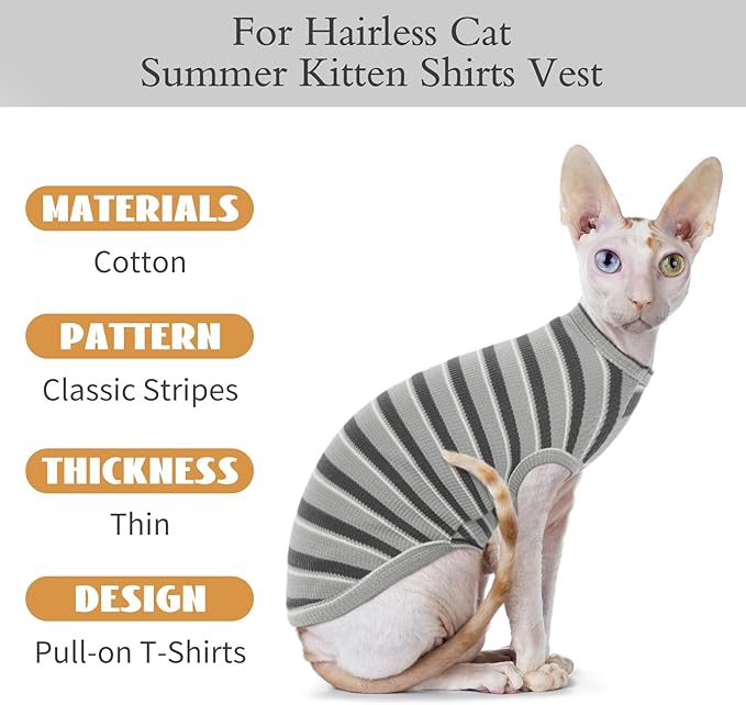 BRKURLEG Hairless Cats T Shirt, Cat Sweaters, Pullover Kitten Shirts, Sleeveless Round Collar Cotton Vest for Cornish Rex Devon Rex Peterbald and Small Dogs Sweater(Grey Stripes, S)