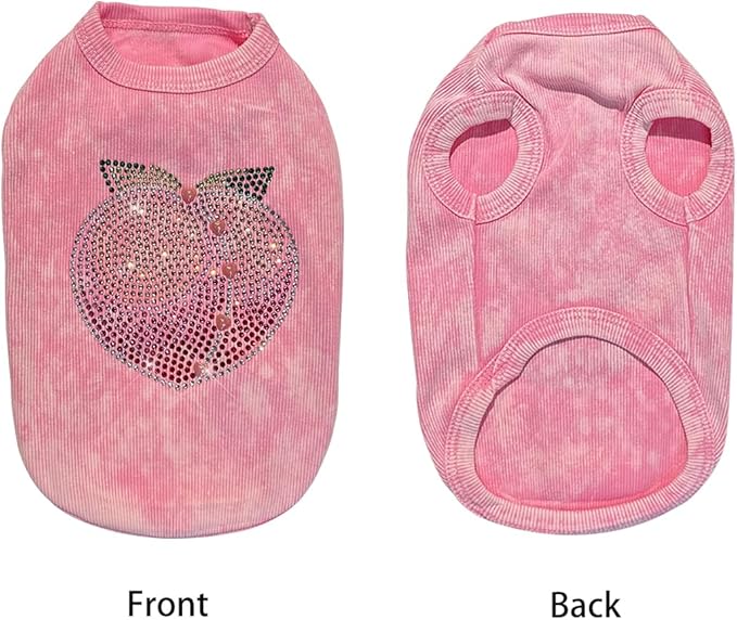 Washed Cotton Pet Vest with Rhinestone Fruit Designs, Soft & Stylish Small Dog Cat Vest for Spring Summer, Breathable & Shiny (Pink-Peach, X-Large)