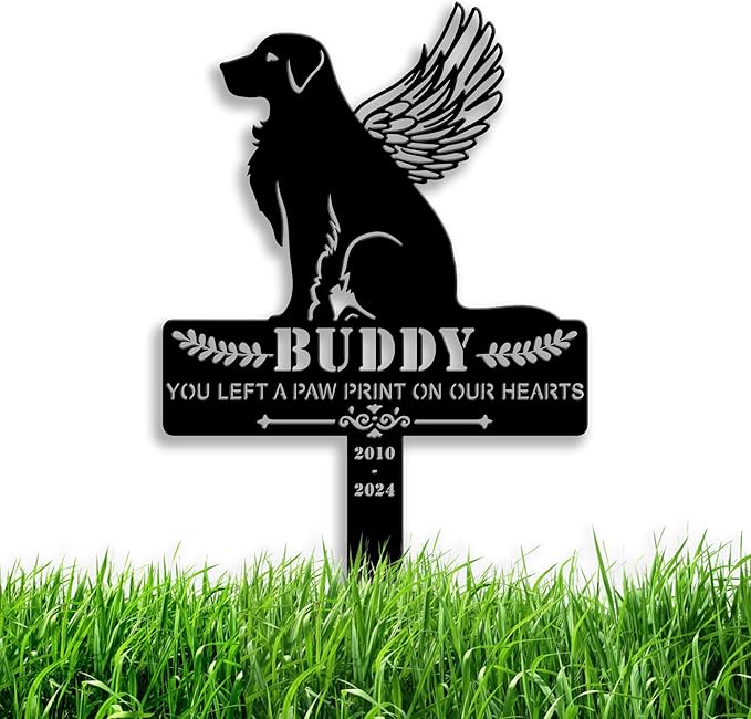 Personalized Dog Memorial Grave Marker, Custom Pet's Name Cemetery Decorations for Funerary, Metal Dog Burial Garden Stake, Outdoor Sympathy Angel Handstone Stake Plaque Gift for Loss