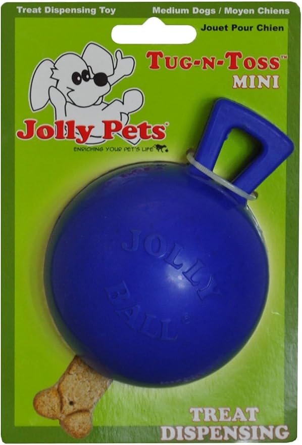 Jolly Pets Tug-n-Toss Heavy Duty Dog Toy Ball with Handle, 3 Inches/Mini, Blue, Model:403 BL