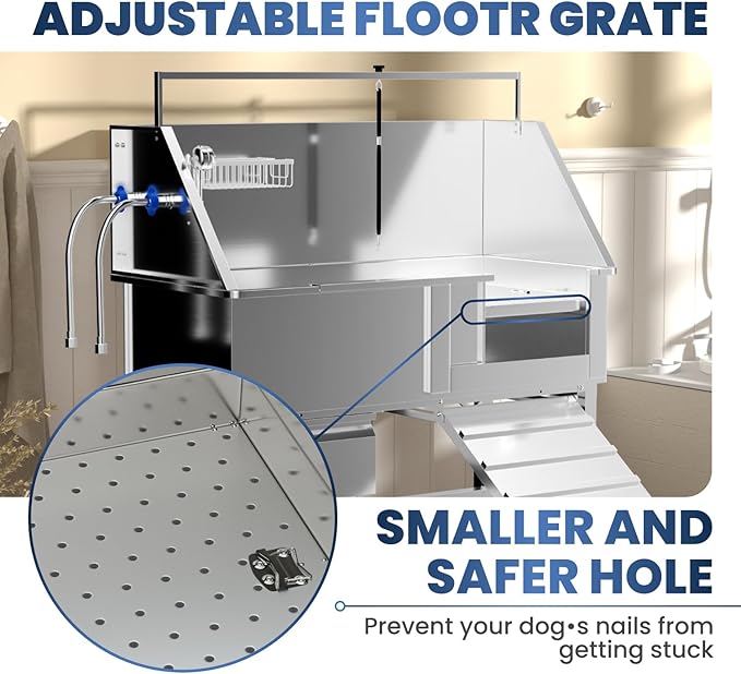 Dog Washing Station,Professional 46" Stainless Steel Dog Bathing Station Height Adjustable Dog Wash Station for Home Dog Grooming Tub Ramp, Drawer, Floor Grate & Fauct (R Ramp)