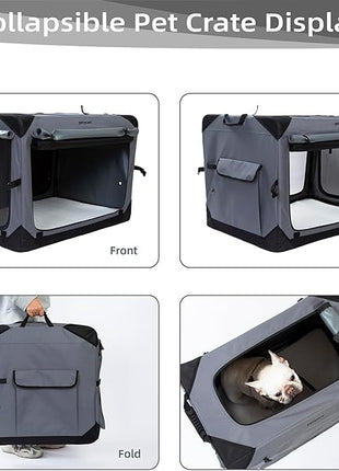 Pettycare 26 Inch Collapsible Dog Crate with Curtains Travel Dog Crate for Airflow and Calm Soft Pet Kennel with Portable Bag and More Chew Proof Mesh Indoor & Outdoor Grey 4 Door Curtains