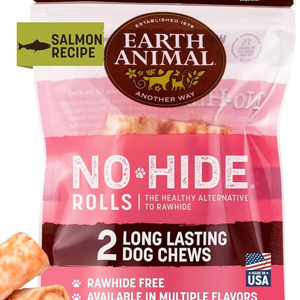 Earth Animal No Hide Chews - Long Lasting Rawhide Free Small Dog Chews Rolls, Salmon - 2 Count
