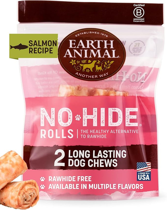 Earth Animal No Hide Chews - Long Lasting Rawhide Free Small Dog Chews Rolls, Salmon - 2 Count