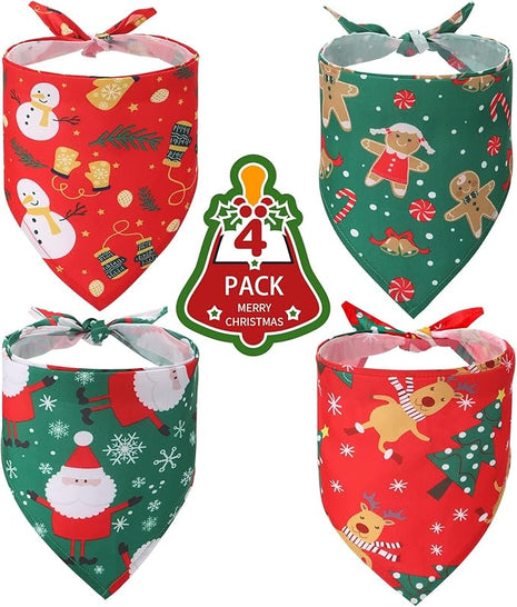 BINGPET Christmas Dog Bandanas - 4 Pack Holiday Xmas Pet Doggy Triangle Scarf with Christmas Element Patterns for Small Medium Large Dog Cat Boy Girl