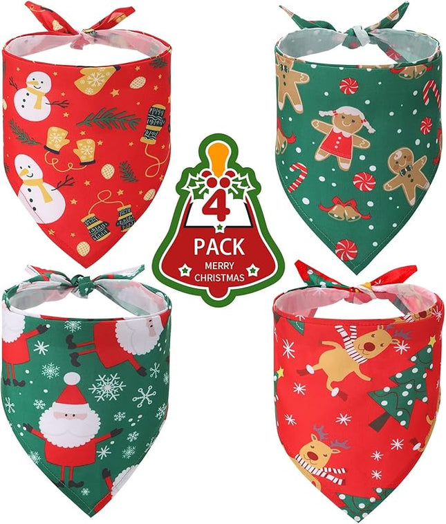 BINGPET Christmas Dog Bandanas - 4 Pack Holiday Xmas Pet Doggy Triangle Scarf with Christmas Element Patterns for Small Medium Large Dog Cat Boy Girl