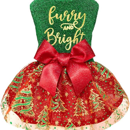 Fitwarm Sparkly Dog Christmas Outfit, Tulle Dress, Winter Clothes for Small Dogs, Christmas Tree Outfit, Red, Green, Golden, XS