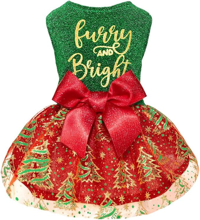 Fitwarm Sparkly Dog Christmas Outfit, Tulle Dress, Winter Clothes for Small Dogs, Christmas Tree Outfit, Red, Green, Golden, XS
