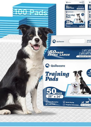Quilocare 100 Count 28” x 34” XXL Puppy Pads, Super Absorbent Leakproof Extra Large Pee Pads for Dogs, Disposable Dog Training Pads