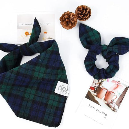 E-Clover Christmas Dog Bandanas Boy & Matching Scrunchie Set Plaid Dog Scarf Kerchief for Medium Large Dog Pet Bandana Owner Gifts Blue Green Fall