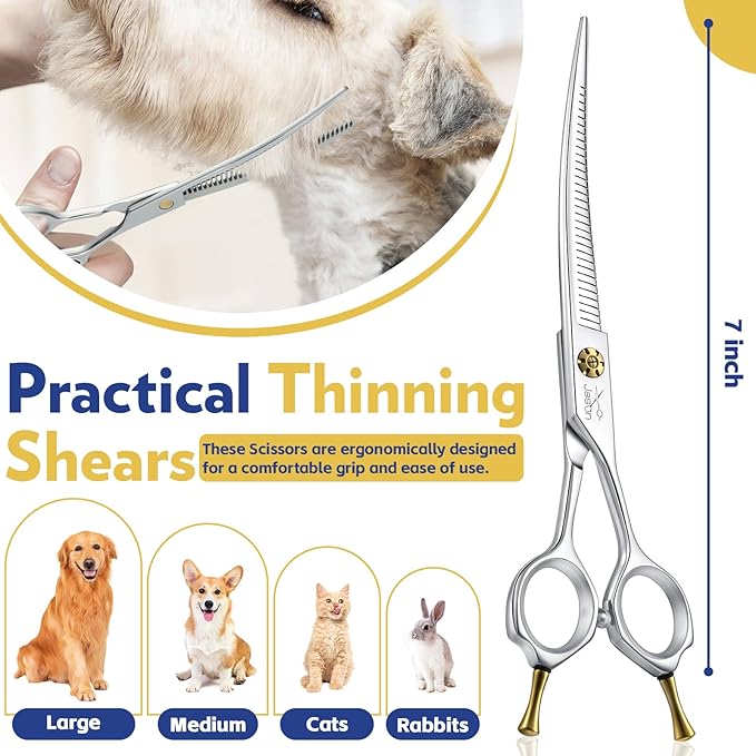 JASON 7" Dog Grooming Scissors - Up-curved Thinning Shears with 25%-30% Thinning Rate, Japanese 440C Stainless Steel Dog Blenders for Grooming with Adjustable Screw (32 Teeth, Silver)