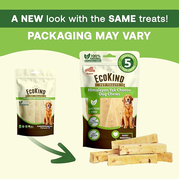 EcoKind Premium Gold Yak Cheese Himalayan Dog Chews, Dog Treats Large Breed, All Natural, High Protein Dog Chew, Bacon, Large - 3 Chews
