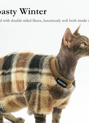 Cat Double-Sided Fleece Clothes, Soft Warm Winter Jumpsuit Sweater Shirt Clothing for Hairless Sphynx, Devon & All Indoor Kittens (Green,L)