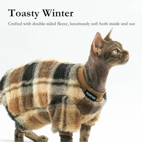 Cat Double-Sided Fleece Clothes, Soft Warm Winter Jumpsuit Sweater Shirt Clothing for Hairless Sphynx, Devon & All Indoor Kittens (Green,L)