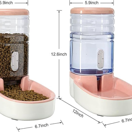 Automatic Dog Cat Feeder and Water Dispenser Gravity Food Feeder and Waterer Set with Pet Food Bowl for Small Medium Dog Puppy Kitten, Large Capacity 1 Gallon x 2(Pink)