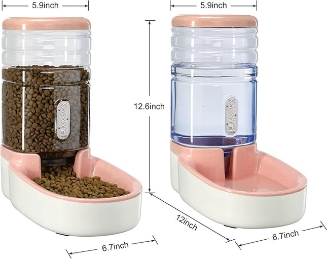 Automatic Dog Cat Feeder and Water Dispenser Gravity Food Feeder and Waterer Set with Pet Food Bowl for Small Medium Dog Puppy Kitten, Large Capacity 1 Gallon x 2(Pink)