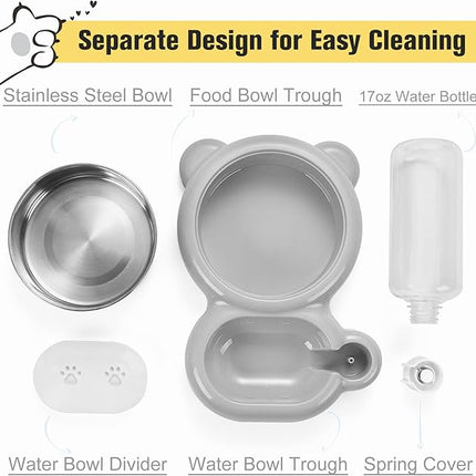 Dog Bowls, Cat Food and Water Bowl Set with Water Dispenser and Stainless Steel Bowl for Cats and Small Dogs - Grey