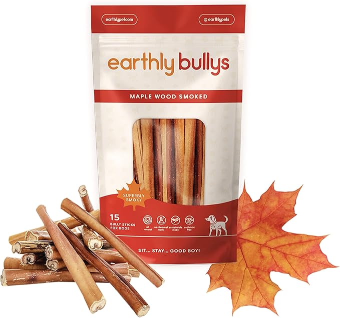 Earthly Maplewood Smoked Large Bully Sticks - Large Dog Chews, Thick Sticks - Grass Fed, All Natural, Made in Canada (12-inch, 10 Pack)