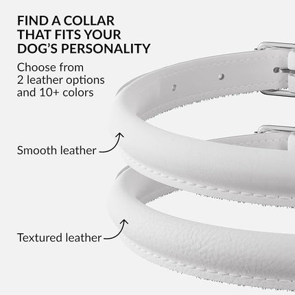 CollarDirect Rolled Leather Dog Collar, Soft Padded Round Puppy Collar, Handmade Genuine Leather Collar Dog Small Large Cat Collars 13 Colors (6 Inch, White Smooth)