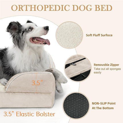 Comfort Expression Orthopedic Dog Bed for Medium Dogs 28x19 Inch, Waterproof Supportive Egg Crate Foam Medium Pet Bed with Removable Bolsters, Dog Couch with Washable Cover & Non-Slip Bottom, Beige