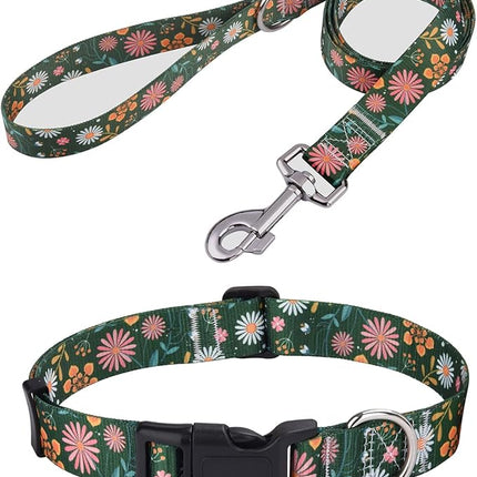 Dog Collar and Leash Set with Bohemia Floral Tribal Geometric Patterns - Soft Ethnic Style Collar Adjustable for Small Medium Large Dogs(Dark Green Flower Set,S)