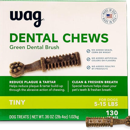 Amazon Brand - Wag Dental Dog Treats to Help Clean Teeth & Freshen Breath Tiny, 2.25 pounds, Unflavored - 130 Count, Pack of 1